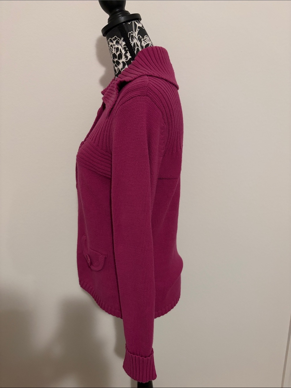 Rafaella Deep Pink Button-Front Ribbed Yoke Cardigan - Picture 3 of 8